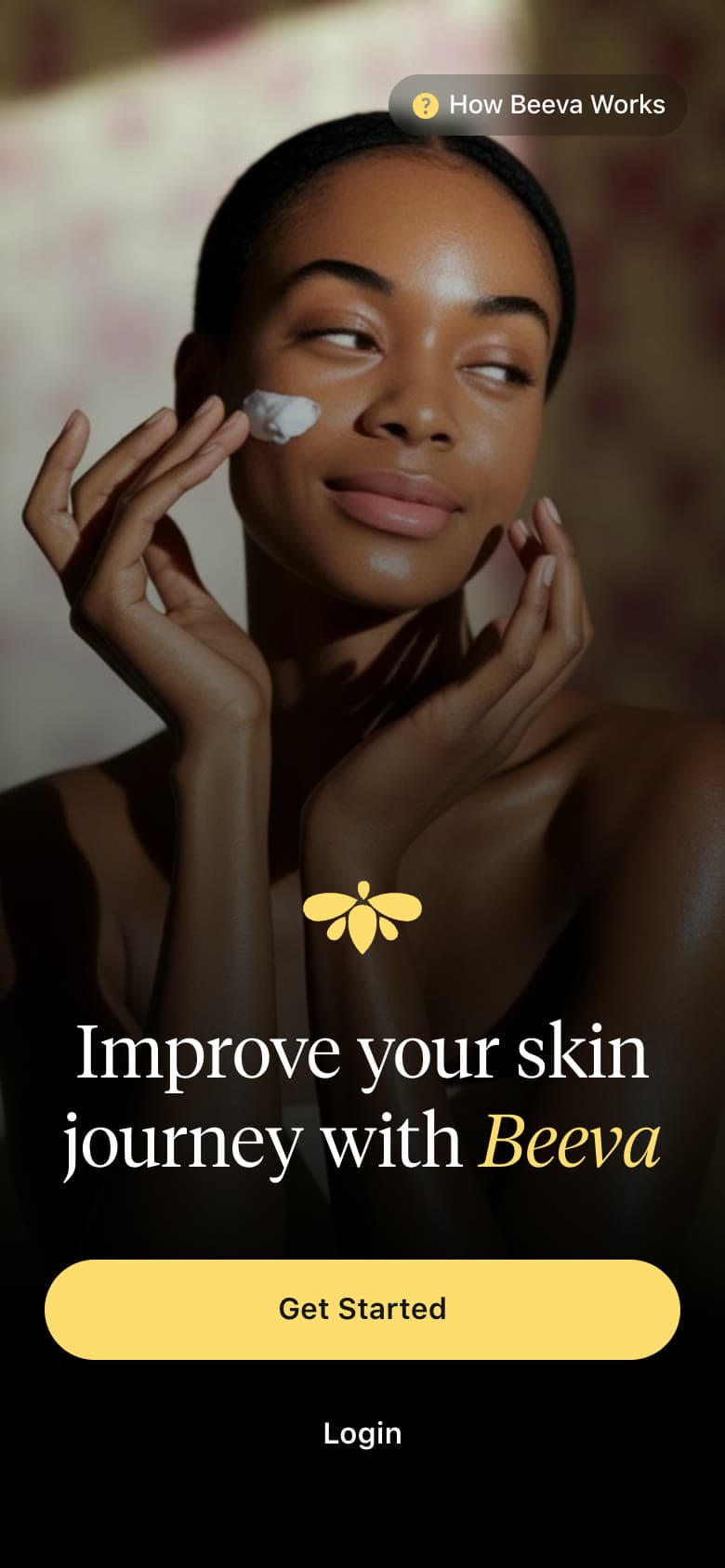 The Beeva welcome screen on a phone: a portrait photo with the line Improve your skin journey with Beeva.