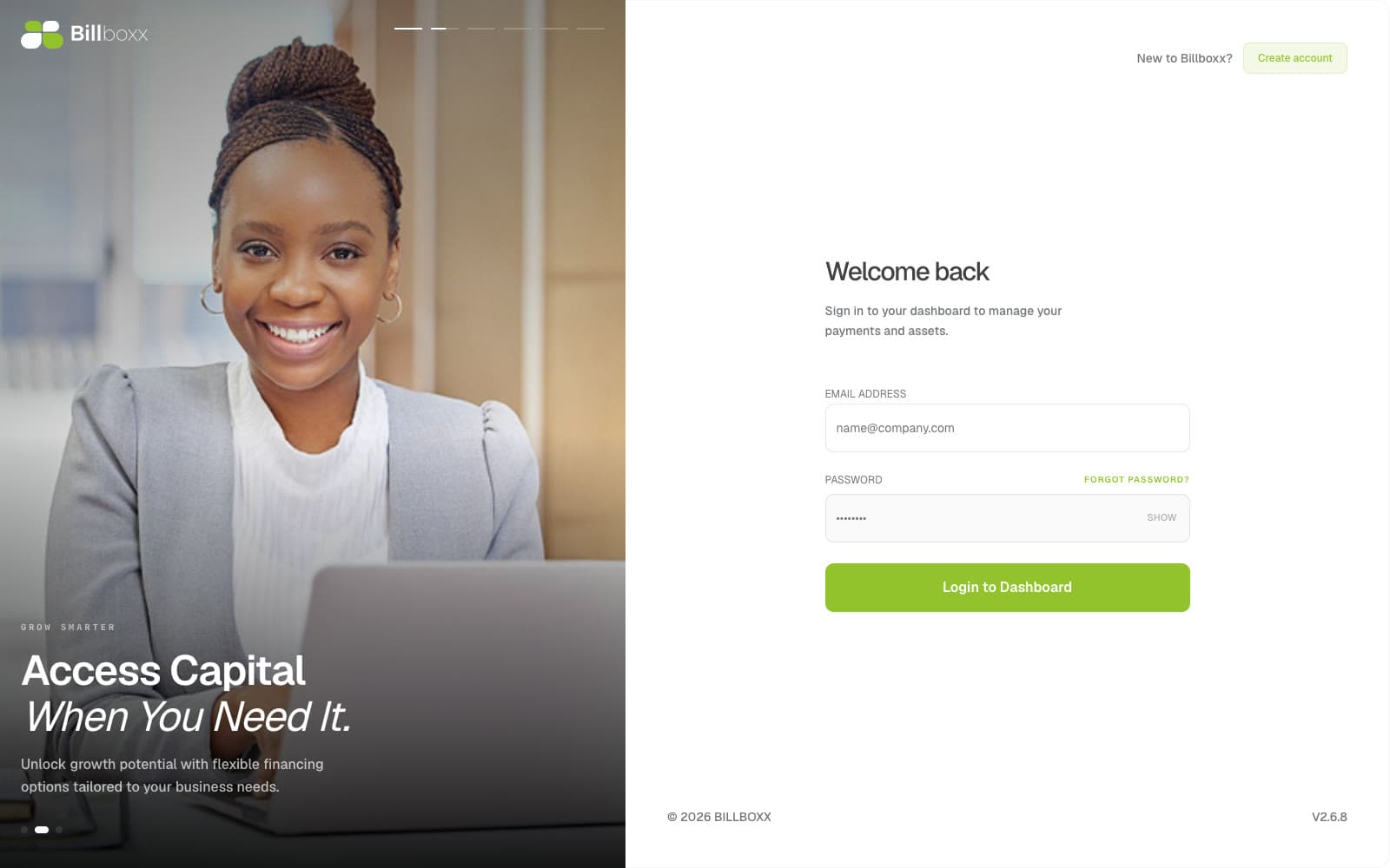The Billboxx sign-in page: a photo panel reading Access Capital When You Need It beside the login form.