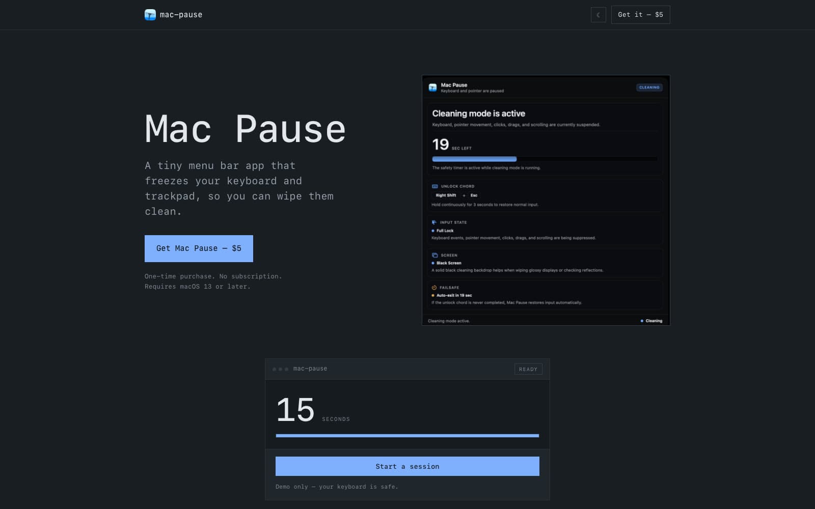 The Mac Pause site: product name, price button and a preview of the app's cleaning-mode window.