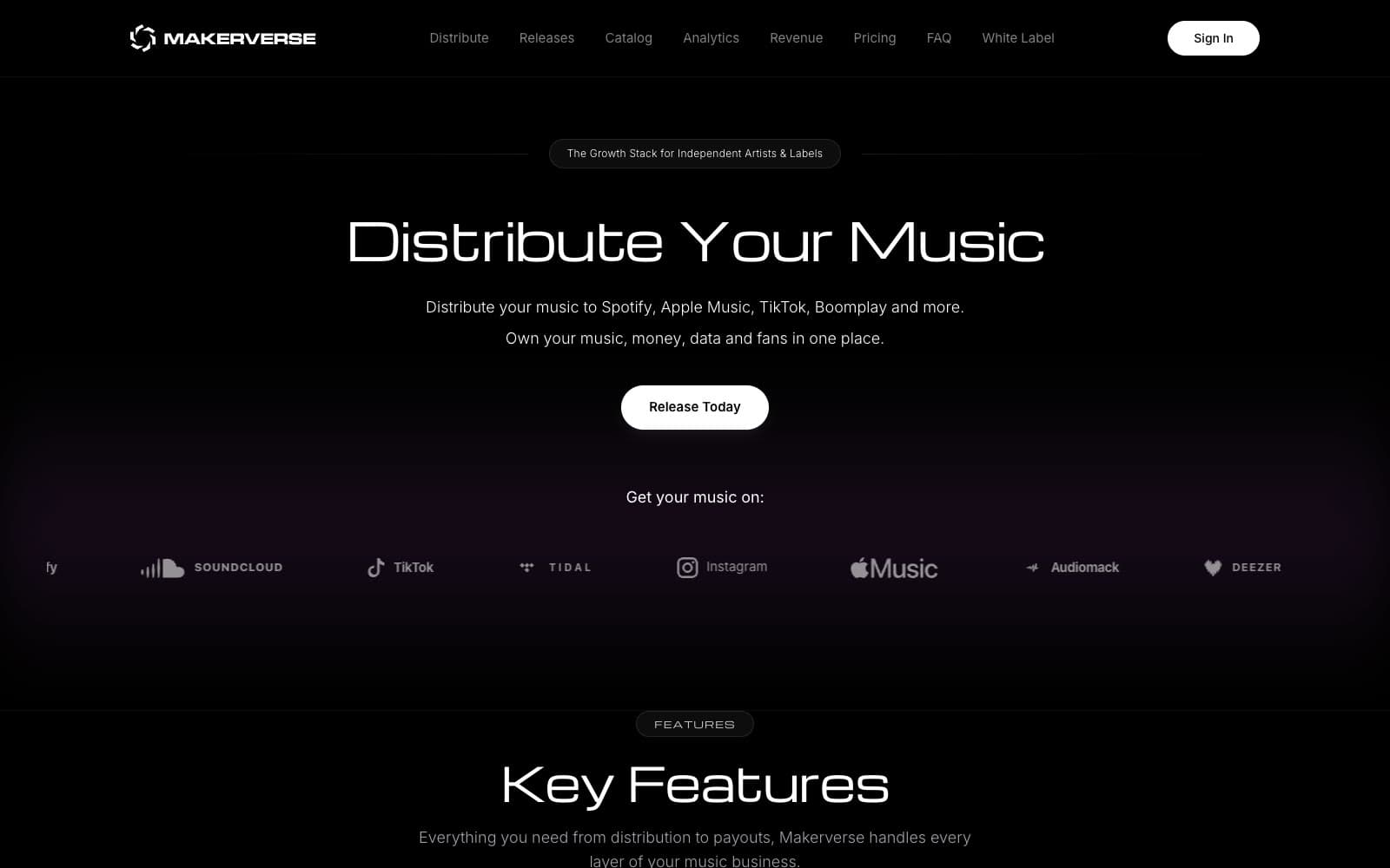 The Makerverse home page: the headline Distribute Your Music above a row of streaming platform logos.