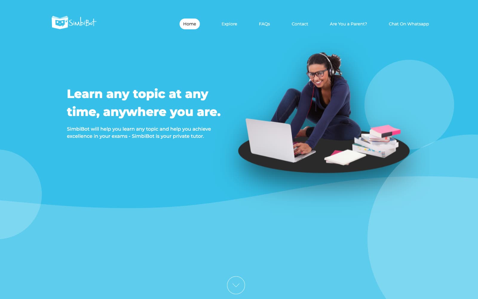 The Simbibot home page: the line Learn any topic at any time beside an illustration of a student with a laptop.